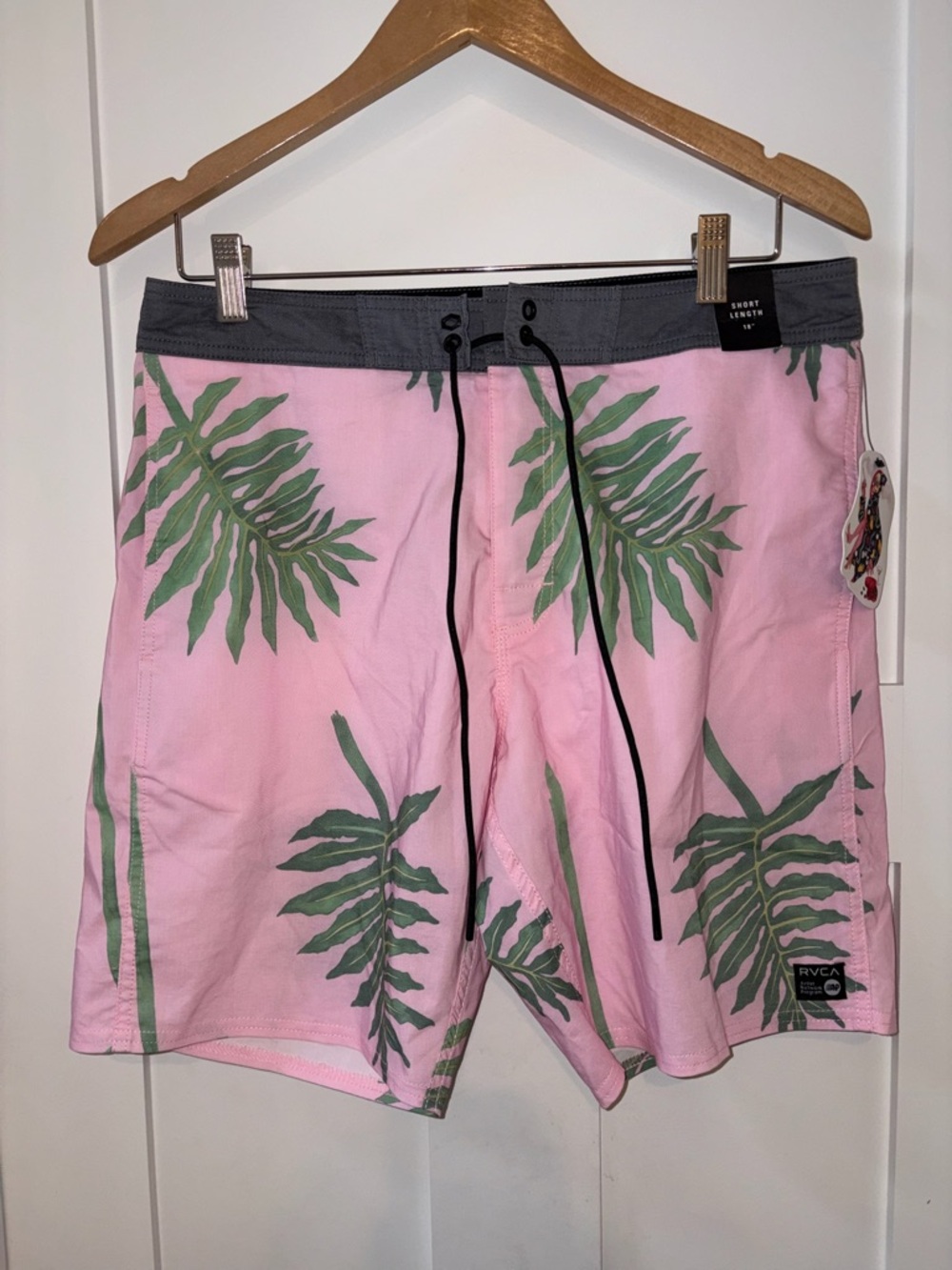 RVCA Pink Swim Board Shorts with Green Tropical Leaves